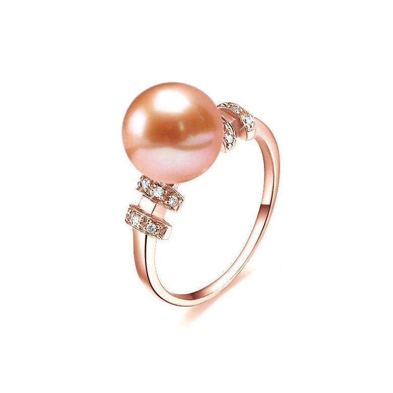 Bague moderne femme en or rose - Perle eau douce rose - Diamants - 1