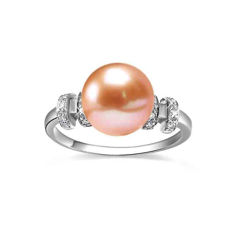 Bague moderne femme en or blanc - Perle eau douce rose - Diamants - 2