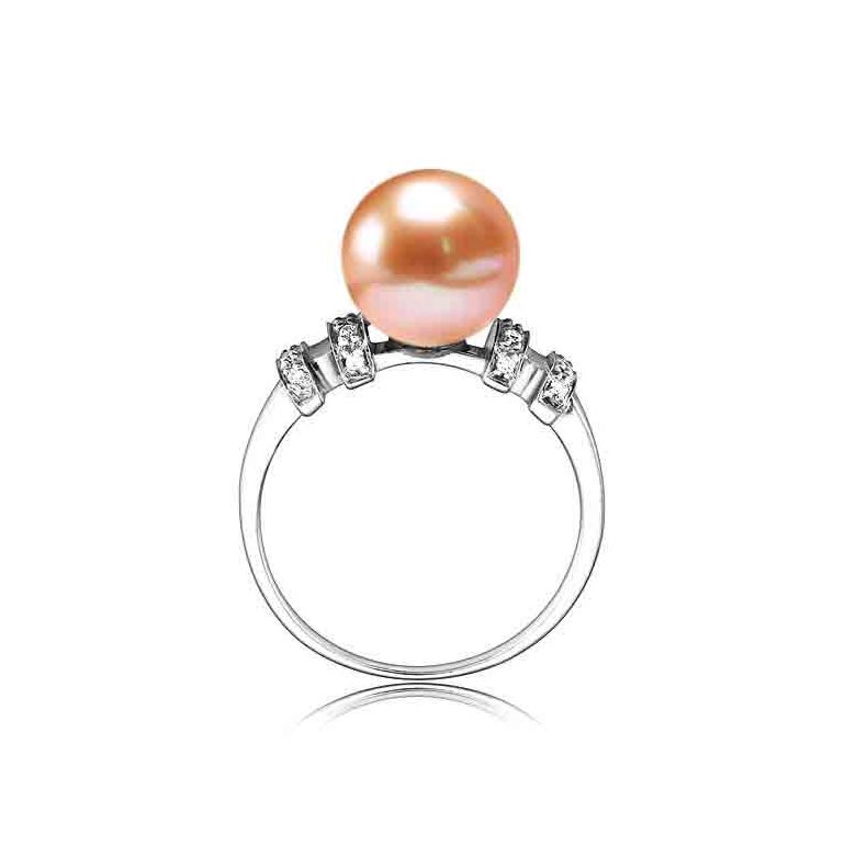 Bague moderne femme en or blanc - Perle eau douce rose - Diamants - 3
