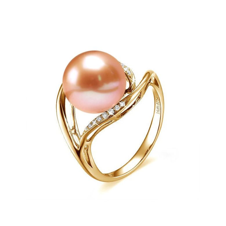 Bague femme perle - Or jaune, diamants - Perle de culture rose - 1