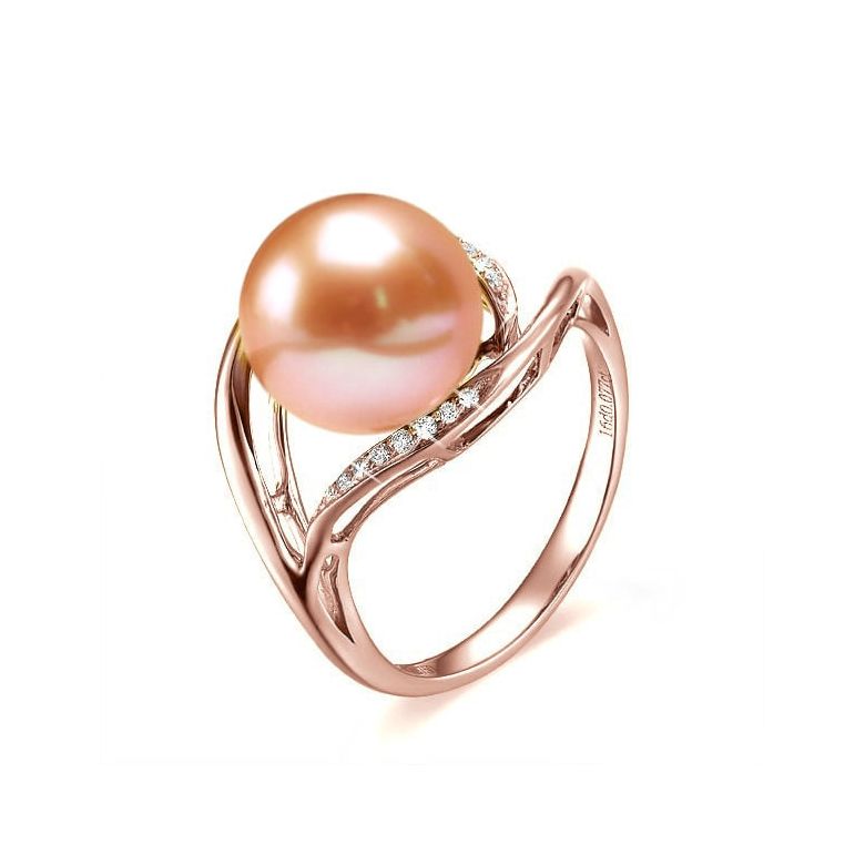 Bague femme perle - Or rose, diamants - Perle de culture rose - 1