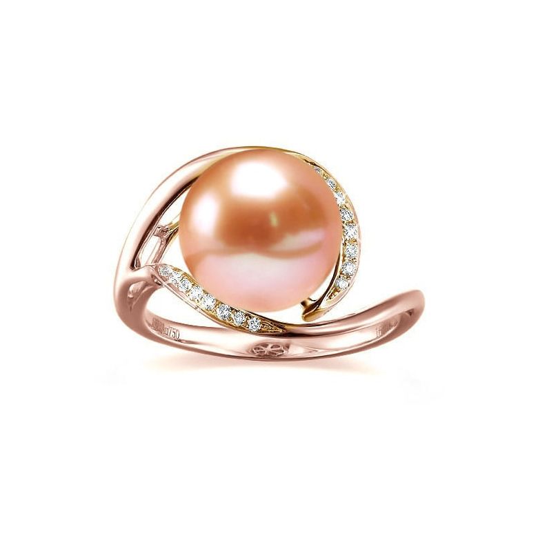 Bague femme perle - Or rose, diamants - Perle de culture rose - 2