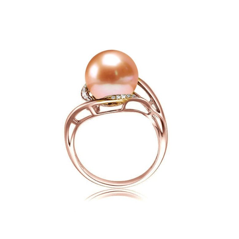 Bague femme perle - Or rose, diamants - Perle de culture rose - 3