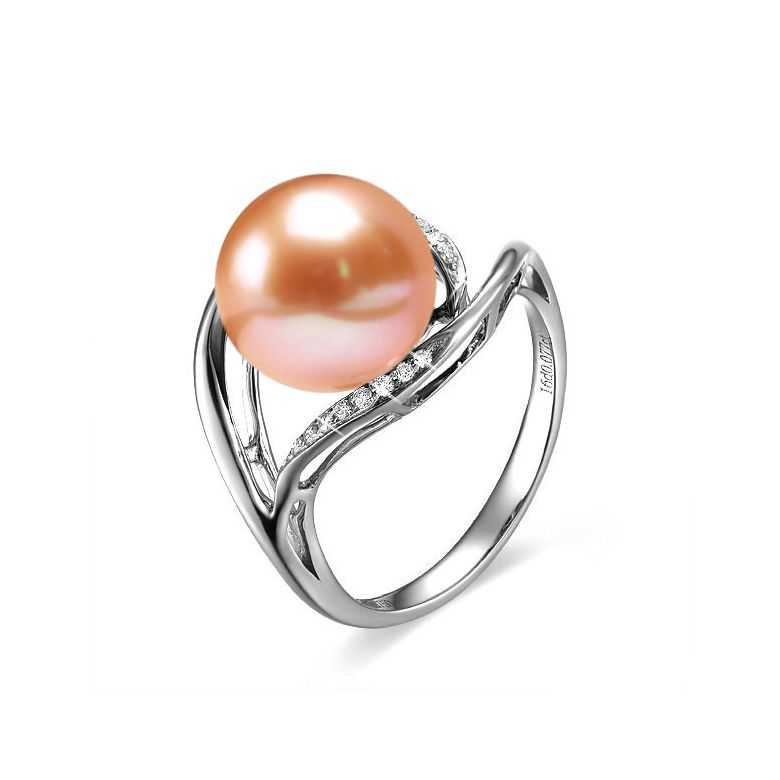 Bague femme perle - Or blanc, diamants - Perle de culture rose - 1