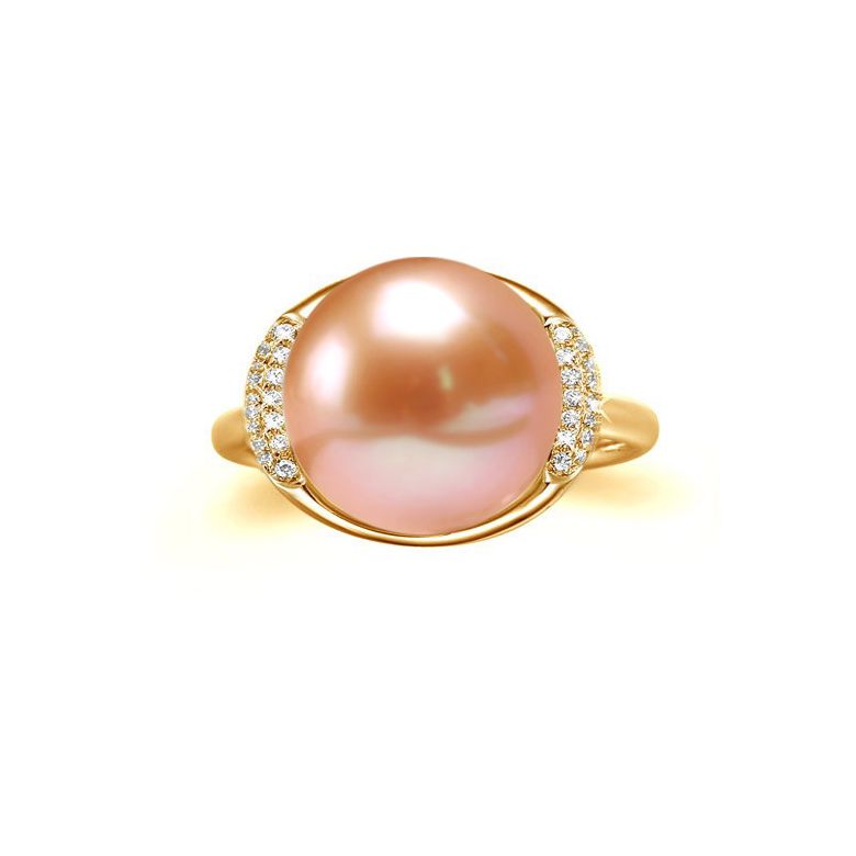 Bague circulaire plateau or jaune diamants - Perle culture rose - 3