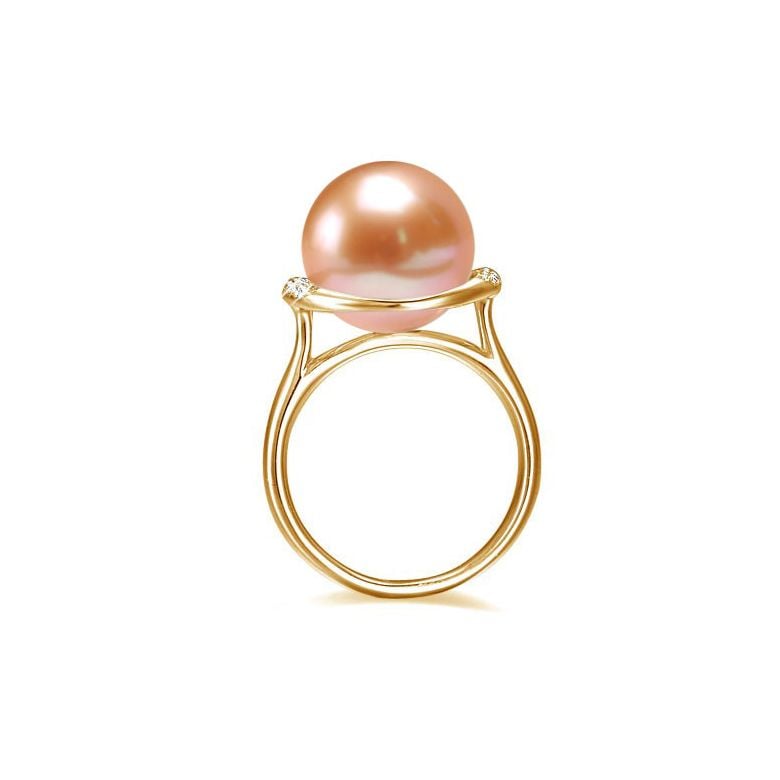 Bague perle d'eau douce et or jaune - Plateau circulaire en diamants - 8