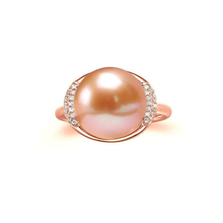 Bague circulaire plateau or rose diamants - Perle culture rose - 3