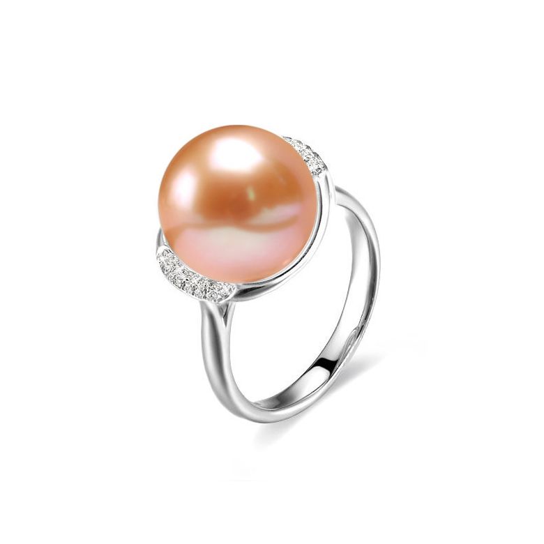 Bague perle d'eau douce et or blanc - Plateau circulaire en diamants - 4
