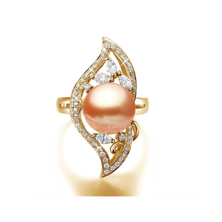 Bague or feuille - Perle de culture rose - Or jaune, diamants - 2