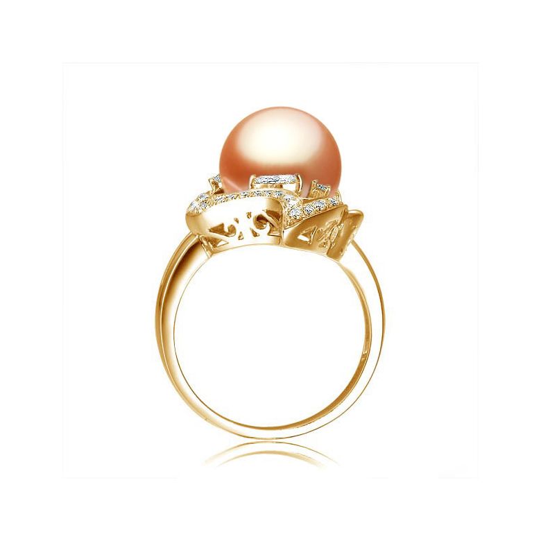 Bague or feuille - Perle de culture rose - Or jaune, diamants - 3