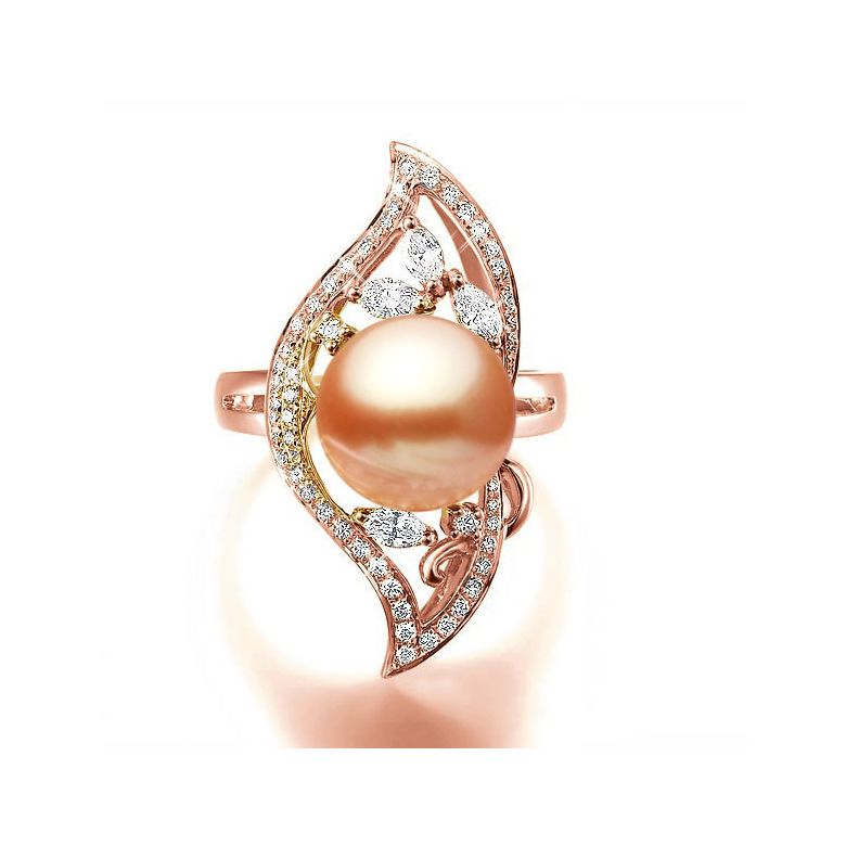 Bague or feuille - Perle de culture rose - Or rose, diamants - 2
