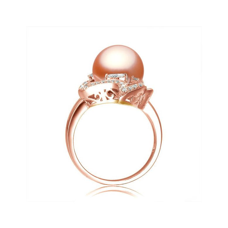 Bague or feuille - Perle de culture rose - Or rose, diamants - 3