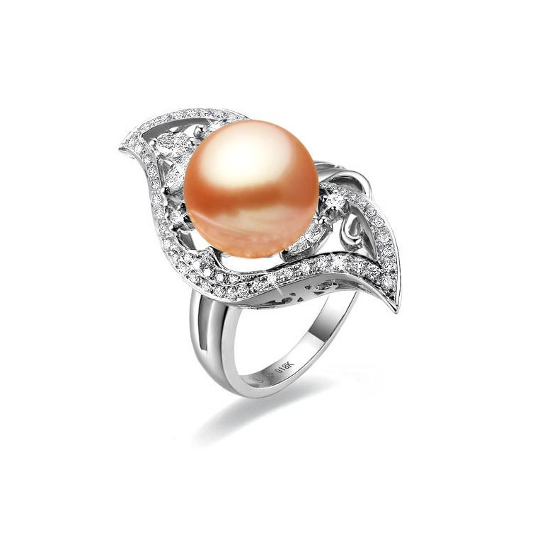 Bague végétale or blanc - Perle eau douce blanche de culture, Diamants - 4