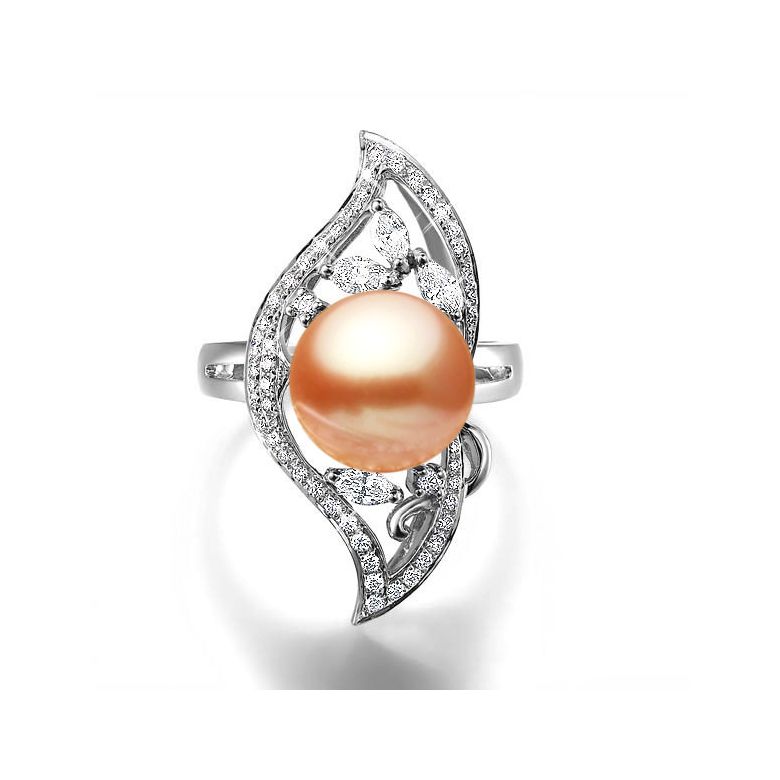 Bague végétale or blanc - Perle eau douce blanche de culture, Diamants - 5
