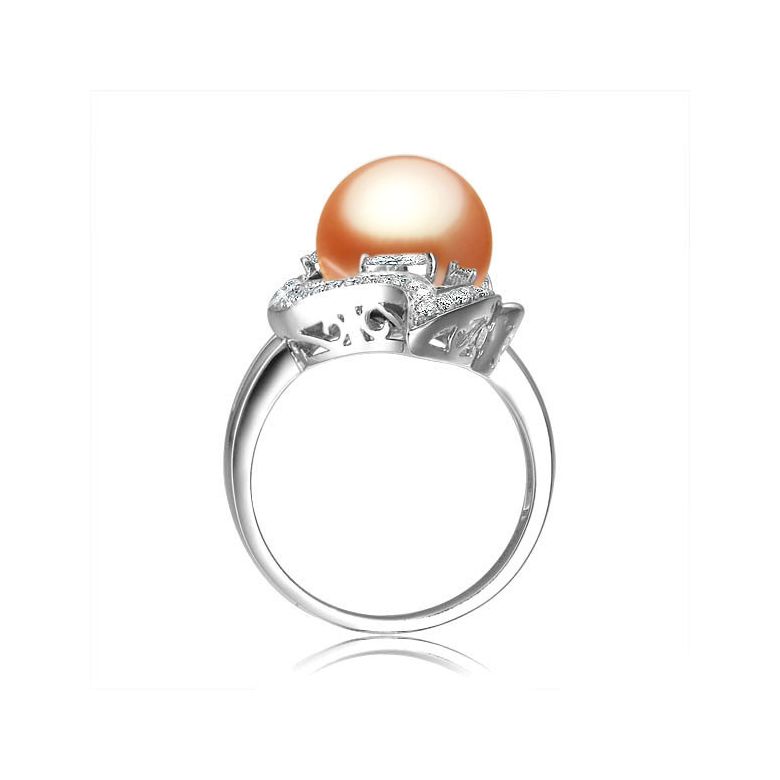 Bague feuille d'or - Perle rose - Or blanc, perle rose et diamants - 3