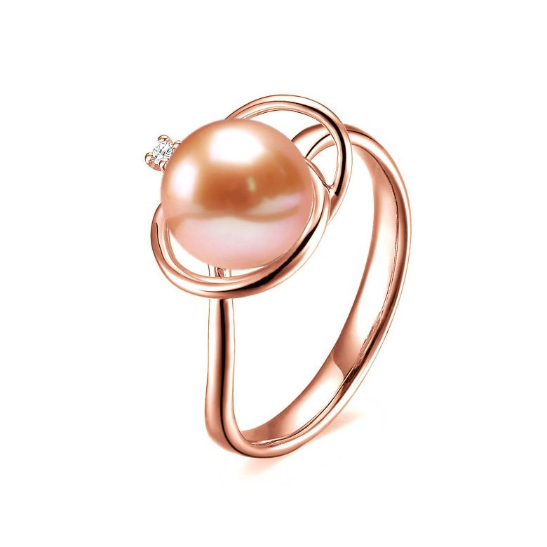 Bague perle d'eau douce rose - 9.5/10mm, AAA - Or rose, diamant - 1