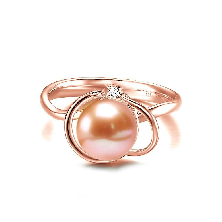Bague perle d'eau douce rose - 9.5/10mm, AAA - Or rose, diamant - 2
