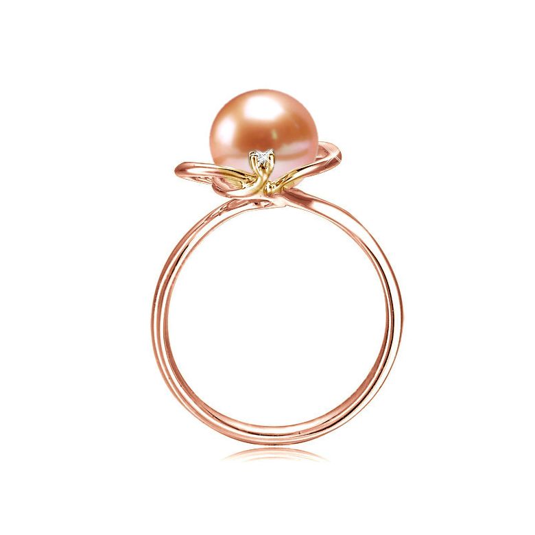 Bague perle d'eau douce rose - 9.5/10mm, AAA - Or rose, diamant - 3