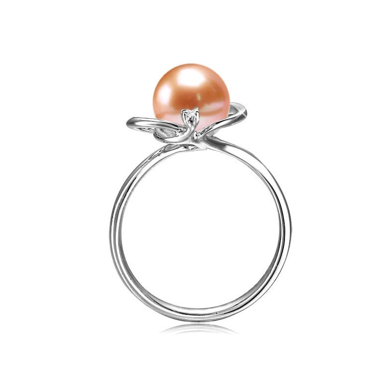 Bague perle d'eau douce rose - 9.5/10mm, AAA - Or blanc, diamant - 3
