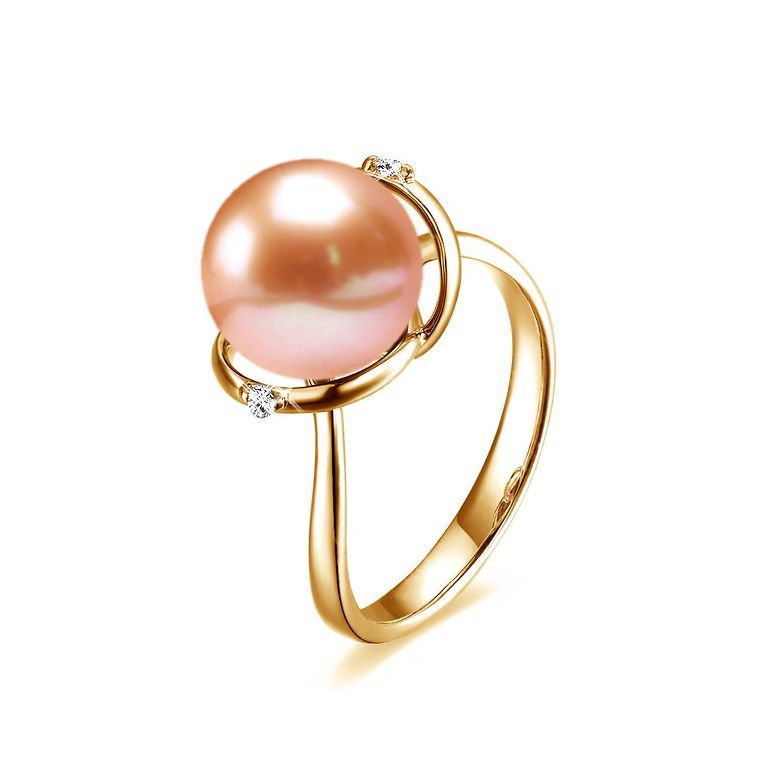 Bague or jaune style circulaire - Perle de culture - 2 diamants sertis - 1