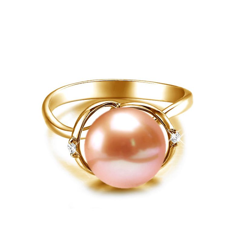 Bague or jaune style circulaire - Perle de culture - 2 diamants sertis - 2