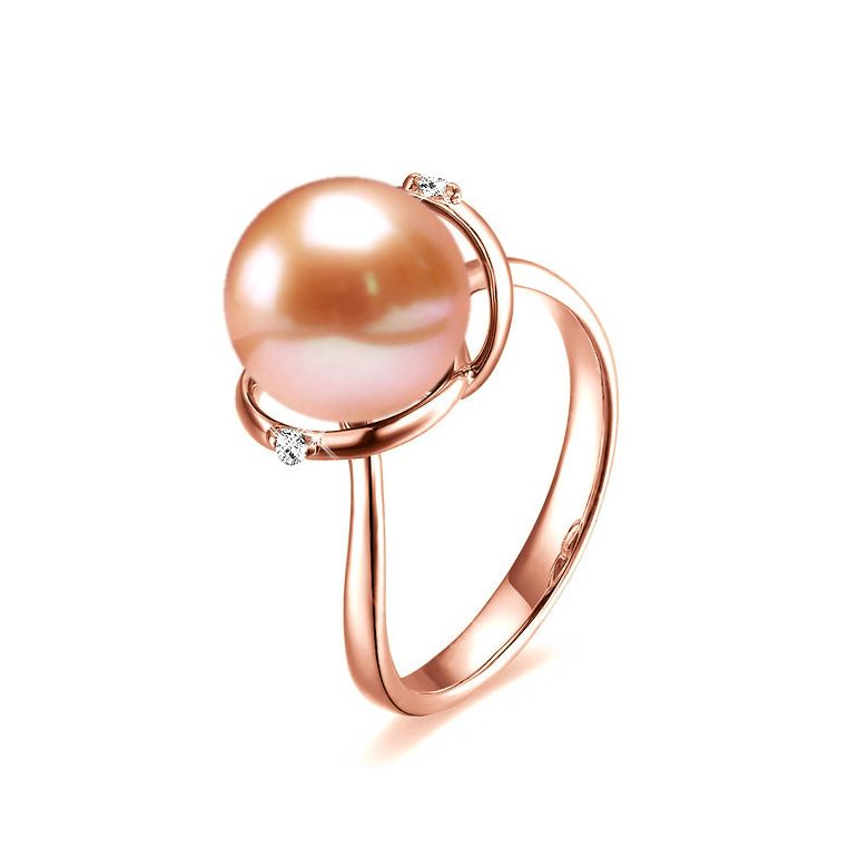 Bague or rose style circulaire - Perle de culture - 2 diamants sertis - 1