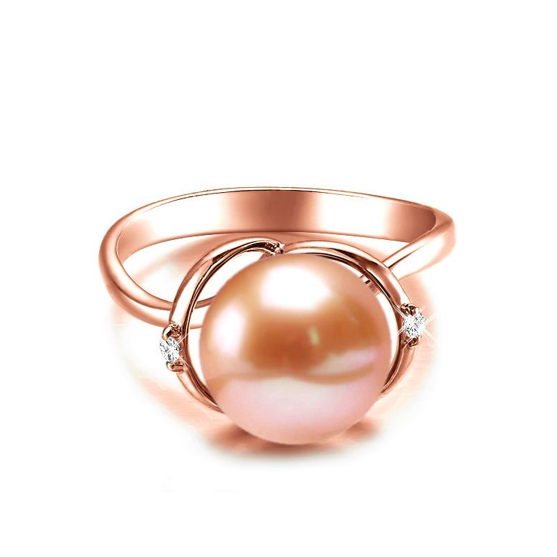Bague or rose style circulaire - Perle de culture - 2 diamants sertis - 2