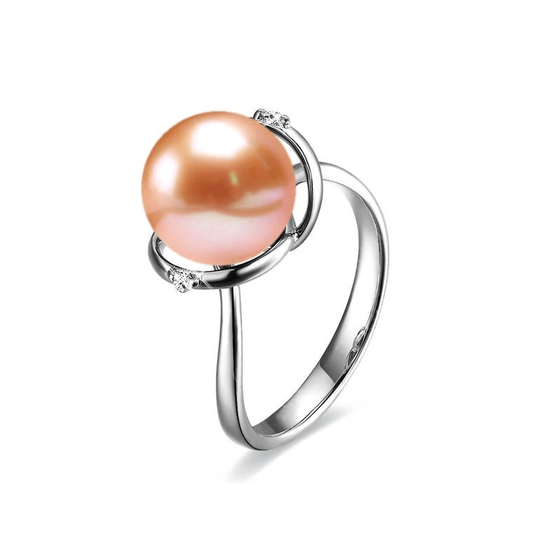Bague or blanc style circulaire - Perle de culture - 2 diamants sertis - 1