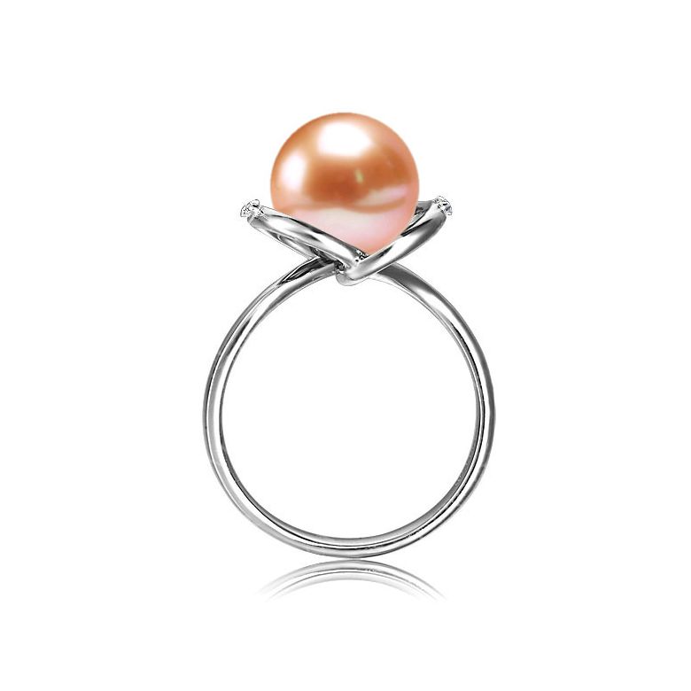 Bague or blanc style circulaire - Perle de culture - 2 diamants sertis - 2