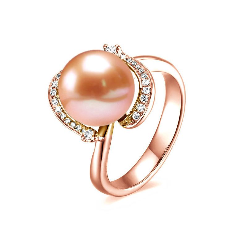 Bague voluptueuse or rose et perle de culture rose - Diamant pavé - 1