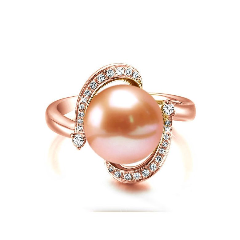 Bague voluptueuse or rose et perle de culture rose - Diamant pavé - 2