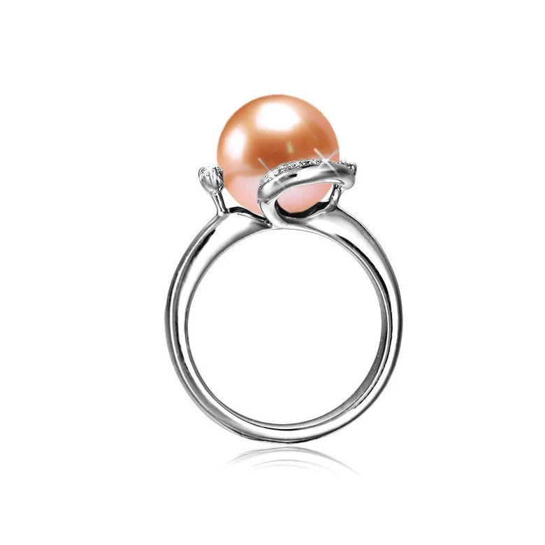 Bague voluptueuse or blanc et perle de culture rose - Diamant pavé - 2