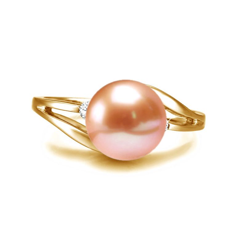 Bague feuilles de style - Perle culture rose - Or jaune, diamants - 2