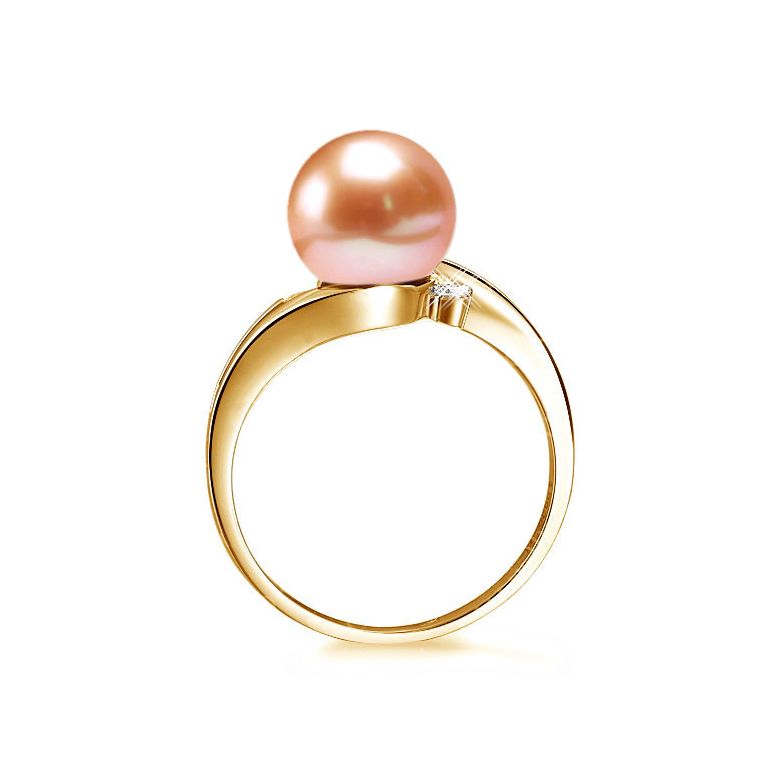 Bague feuilles de style - Perle culture rose - Or jaune, diamants - 3