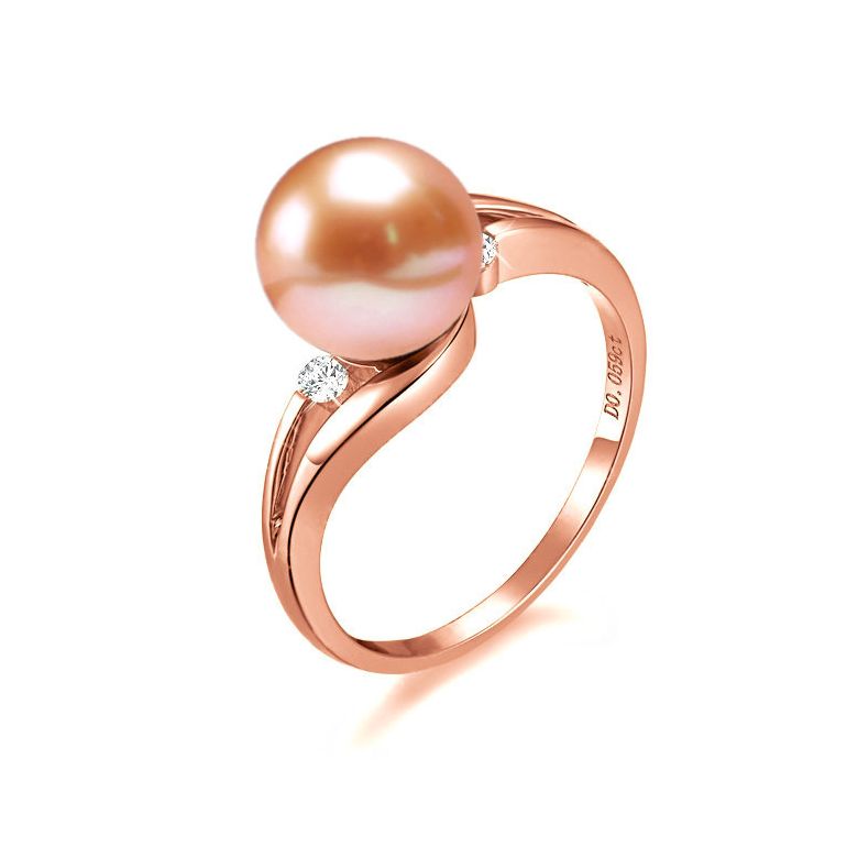 Bague feuilles de style - Perle culture rose - Or rose, diamants - 1