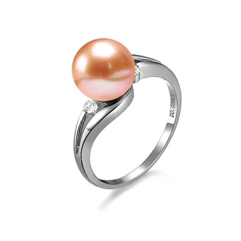 Bague feuille de style or blanc - Perle eau douce rose, diamants - 1