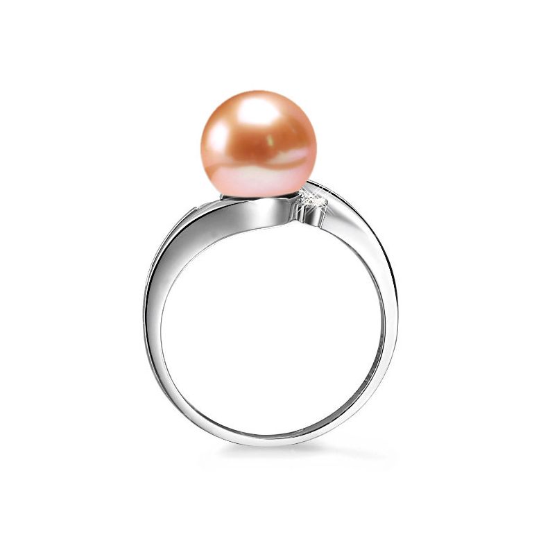 Bague feuille de style or blanc - Perle eau douce rose, diamants - 2