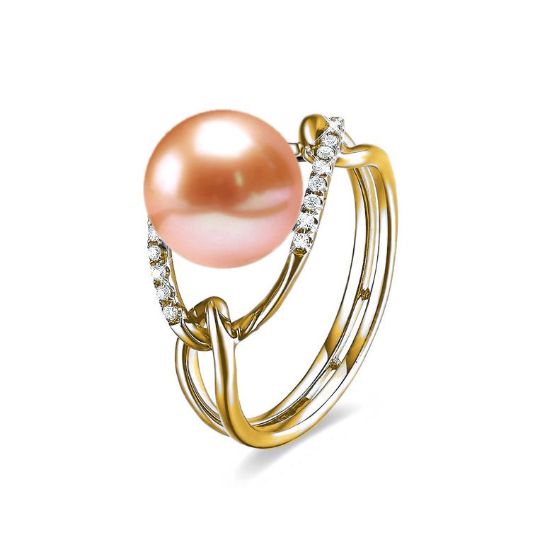 Bague or jaune perle rose eau douce - 2 anneaux unis en diamants - 1