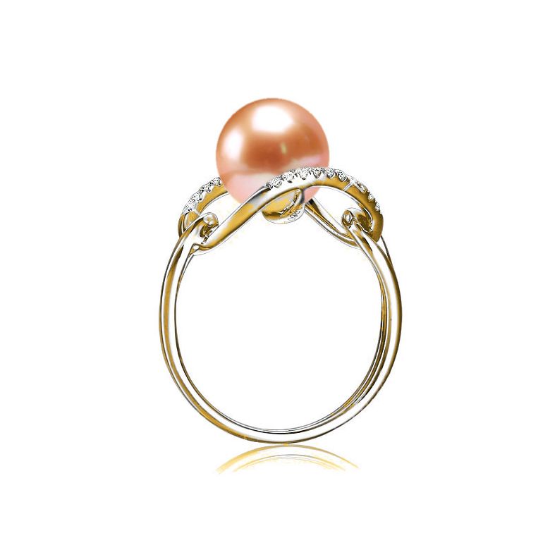 Bague or jaune perle rose eau douce - 2 anneaux unis en diamants - 2