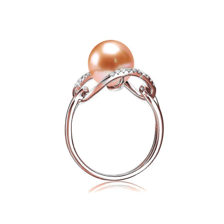 Bague or rose perle rose eau douce - 2 anneaux unis en diamants - 2