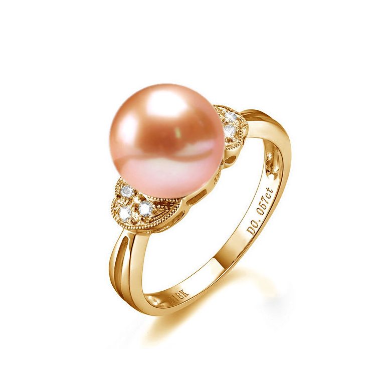 Bague perle Chine - Perle d'eau douce rose - Diamants, or jaune - 1