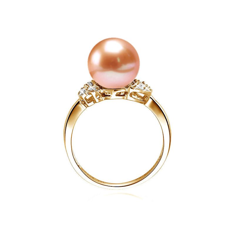 Bague perle Chine - Perle d'eau douce rose - Diamants, or jaune - 3