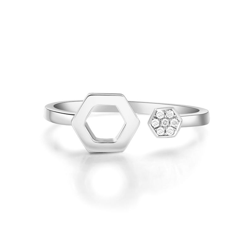 Bague ouverte hexagone. Or blanc 18cts, diamants 0.030ct - 5