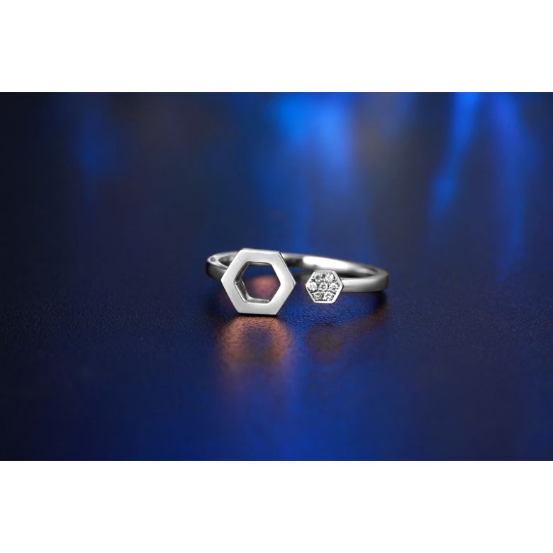 Bague ouverte hexagone. Or blanc 18cts, diamants 0.030ct - 3
