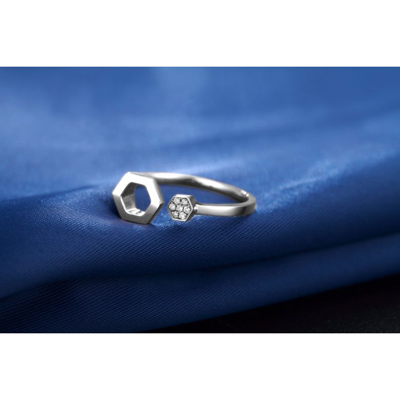Bague ouverte hexagone. Or blanc 18cts, diamants 0.030ct - 4