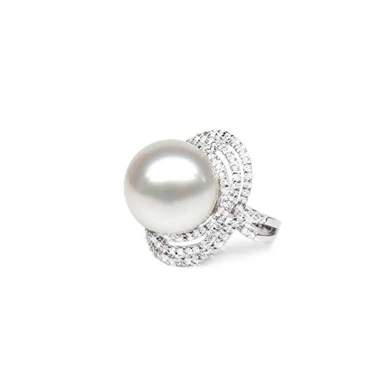 Bague perle d'Australie - Pavage diamants luminescents - Or blanc - 1