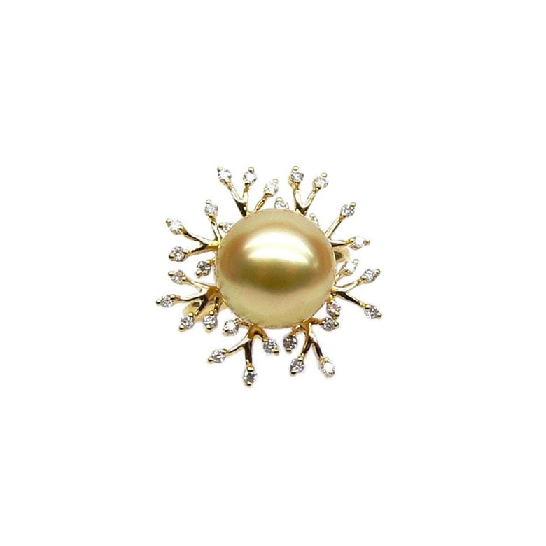 Bague luxe - Branche corail - Perle d'Australie, or jaune, diamants - 1