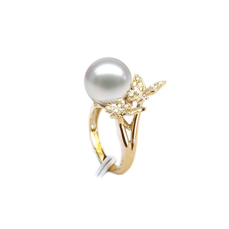 Bague papillons gracieux - Perle d'Australie - Or jaune, diamants - 1