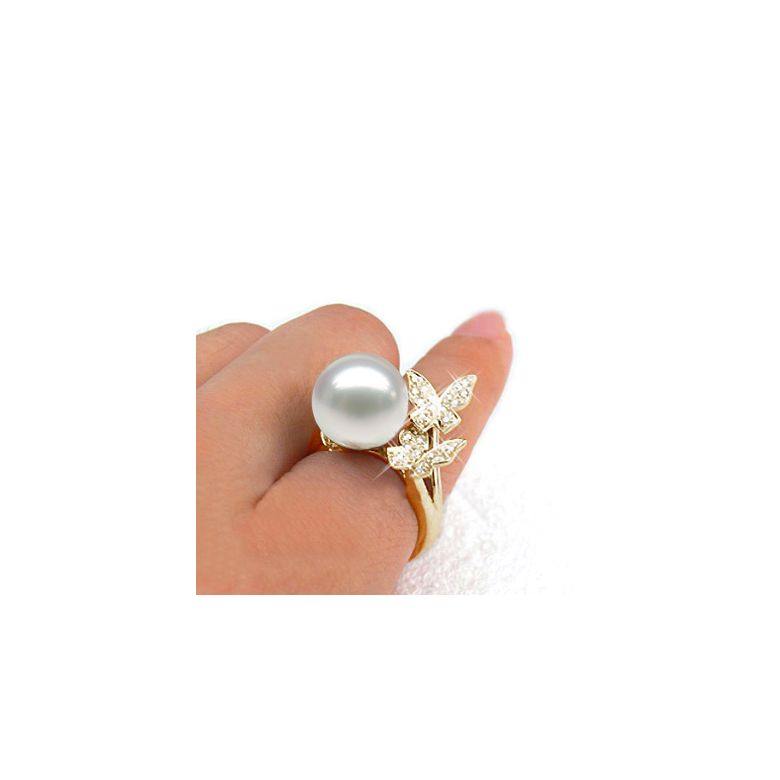 Bague papillons gracieux - Perle d'Australie - Or jaune, diamants - 3