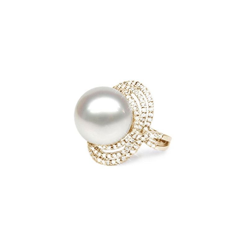 Bague perle d'Australie - Pavage diamants luminescents - Or jaune - 1